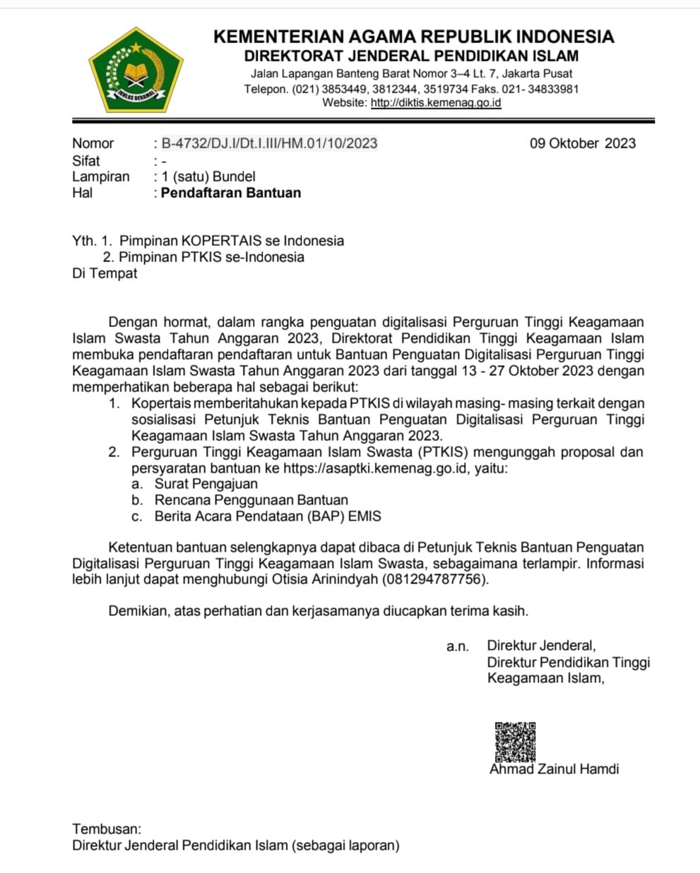 Pendaftaran untuk Bantuan Penguatan Digitalisasi Perguruan Tinggi Keagamaan Islam Swasta...