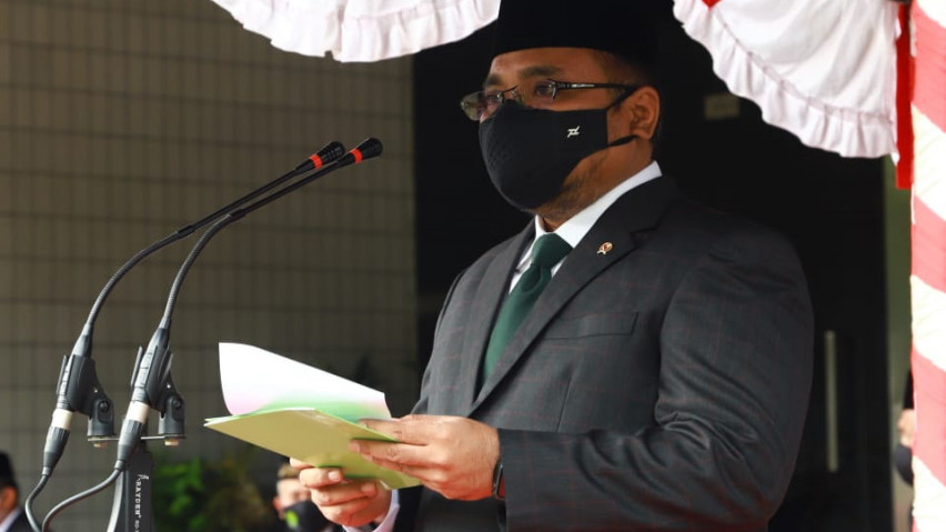 Menteri Agama, Yaqut Cholil Qoumas saat memimpin upacara Peringatan Hari Amal Bakti (HAB) ke-75