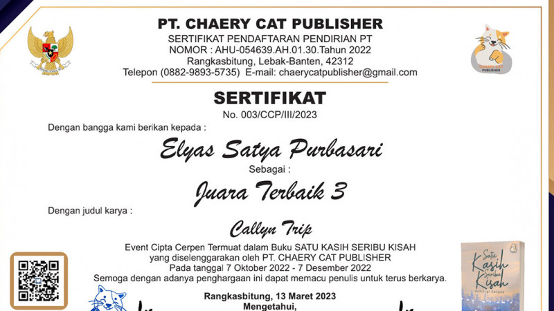 Siswi MAN 1 Grobogan Elyas Satya Purbasari juara terbaik 3 pada Lomba Cipta Cerpen yang diselenggarakan oleh PT. Cheary Cat Publisher