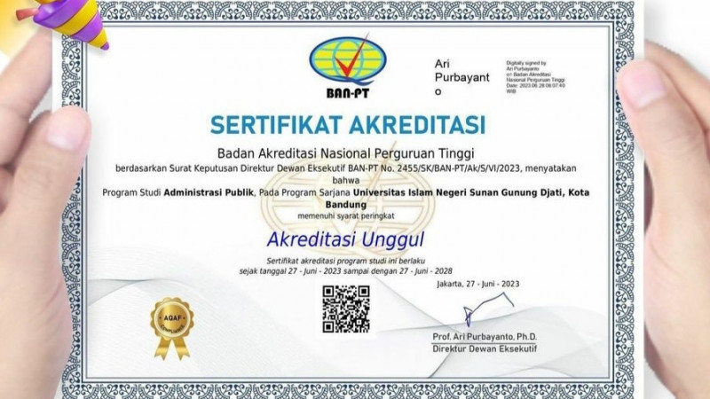 Sertifikat Akreditasi Unggul dari BAN-PT untuk Prodi Administrasi Publik UIN Bandung