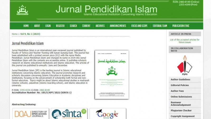 Hasil tangkap layar website Jurnal Pendidikan Islam (JPI) UIN Sunan Gunung Djati Bandung