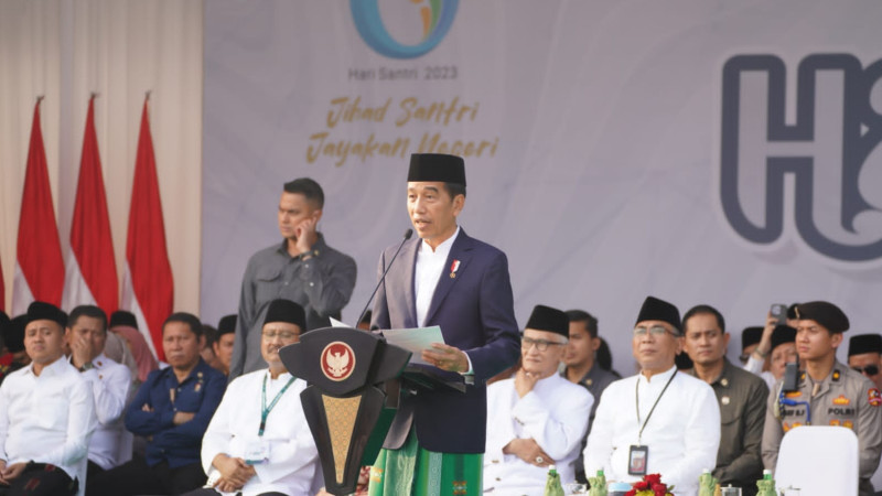 Presiden Joko Widodo saat menyampaikan amanah pada Apel Hari Santri 2023