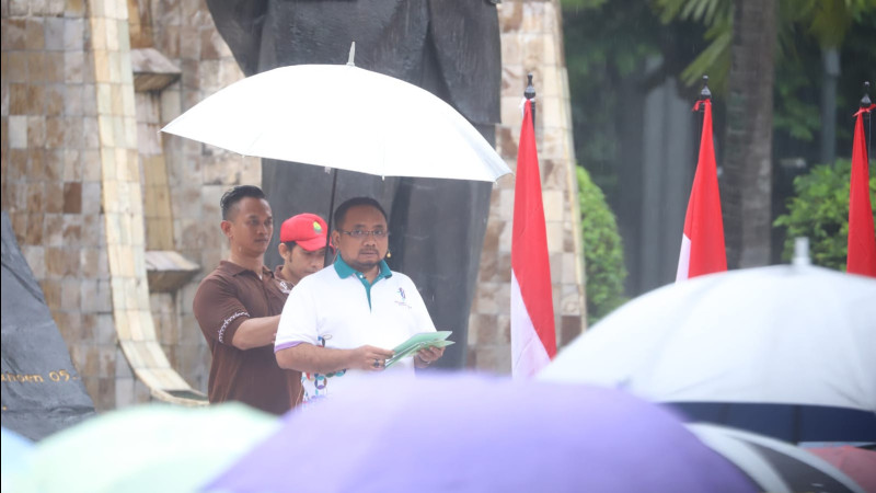 Menteri Agama Yaqut Cholil Qoumas saat memberikan amanah pada Apel HAB di Jakarta, Rabu (3/1/2024).