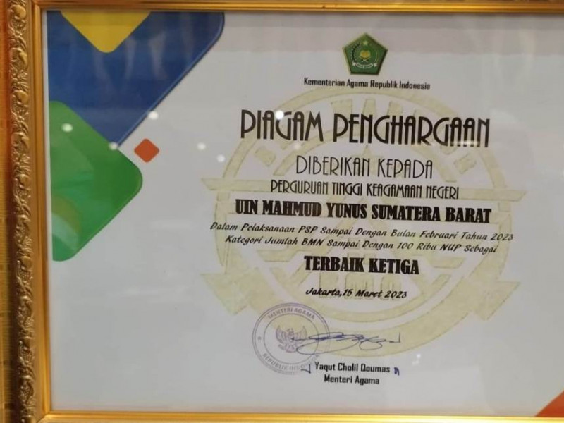Pelaksanaan PSP Kategori BMN, UIN MY Batusangkar Terbaik Ke-III PTKN Se Indonesia