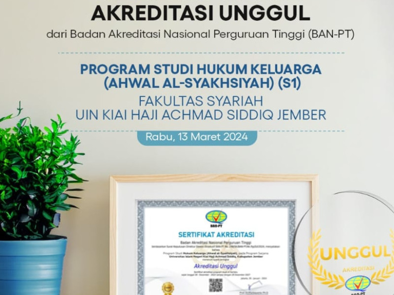 Kado Awal Ramadhan Tahun 2024, Program Studi Hukum Keluarga Fakultas Syariah UIN KHAS Jember Raih Akreditasi Unggul